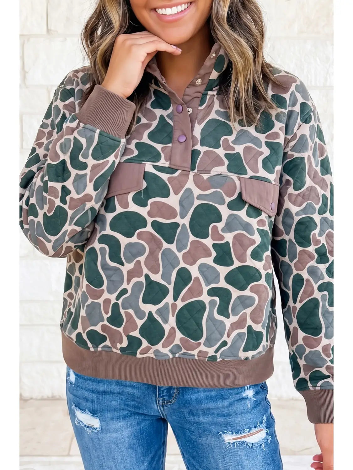 Camouflage Quilt Fabric Oversized Collared Top - Preorder