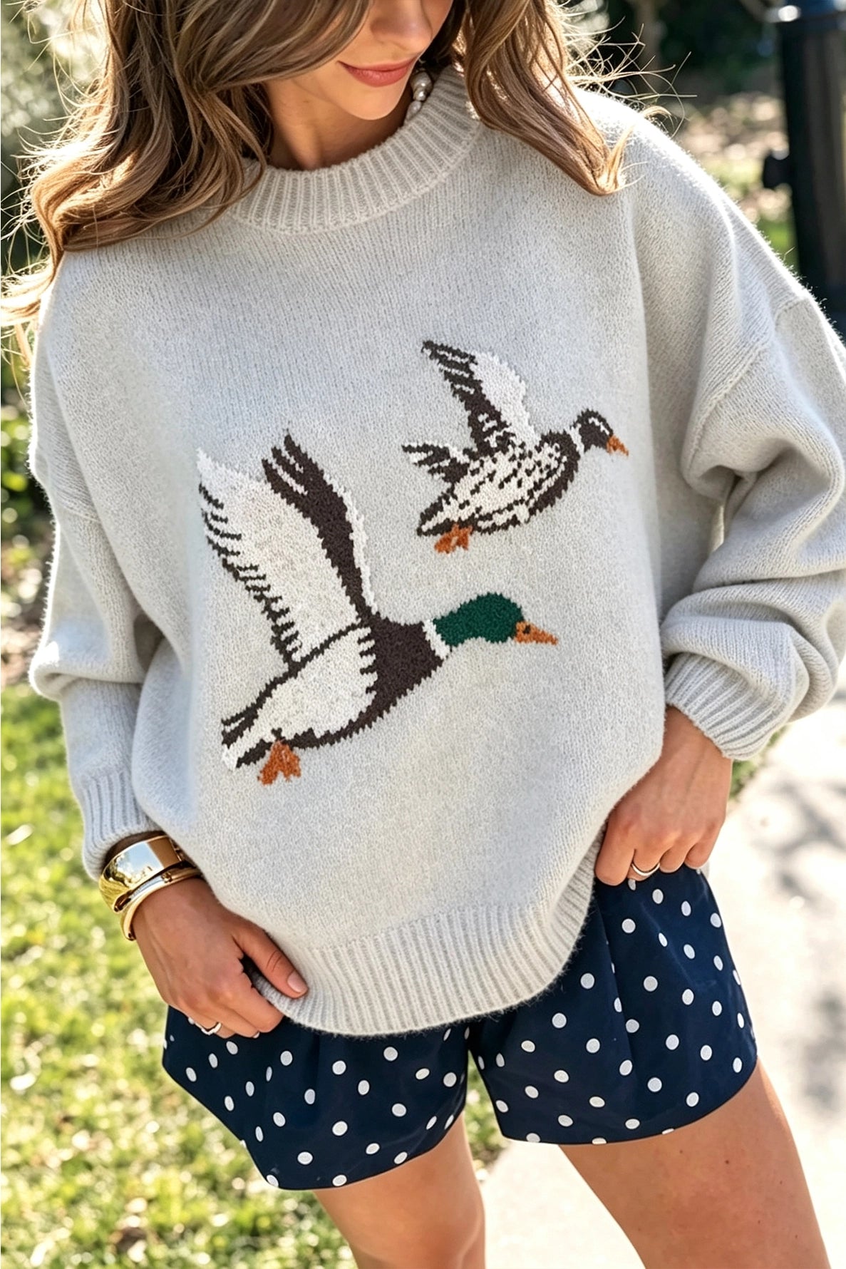 Flying Mallard Duck Round Neck Drop Shoulder Sweater - Preorder