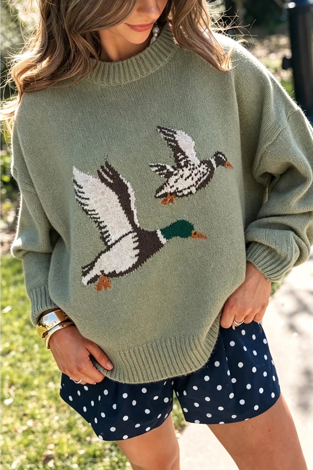 Flying Mallard Duck Round Neck Drop Shoulder Sweater - Preorder