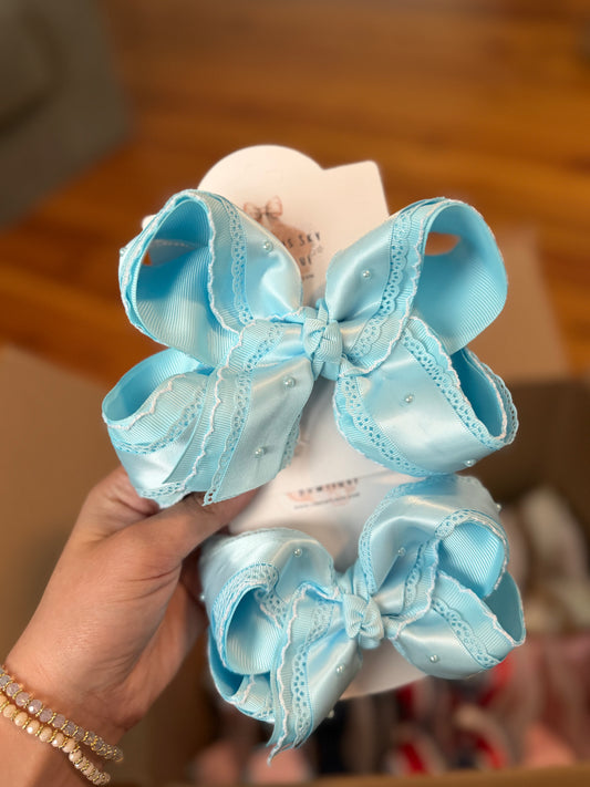 Blue Beaded Satin Lace Bow