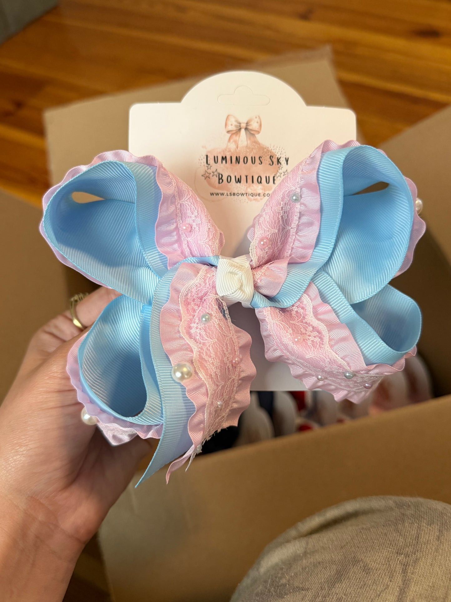 Pink & Blue Beaded Bow 5.5”