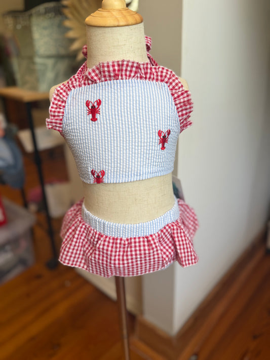 Girls Swim 2 Piece- Lobster Seersucker Swim