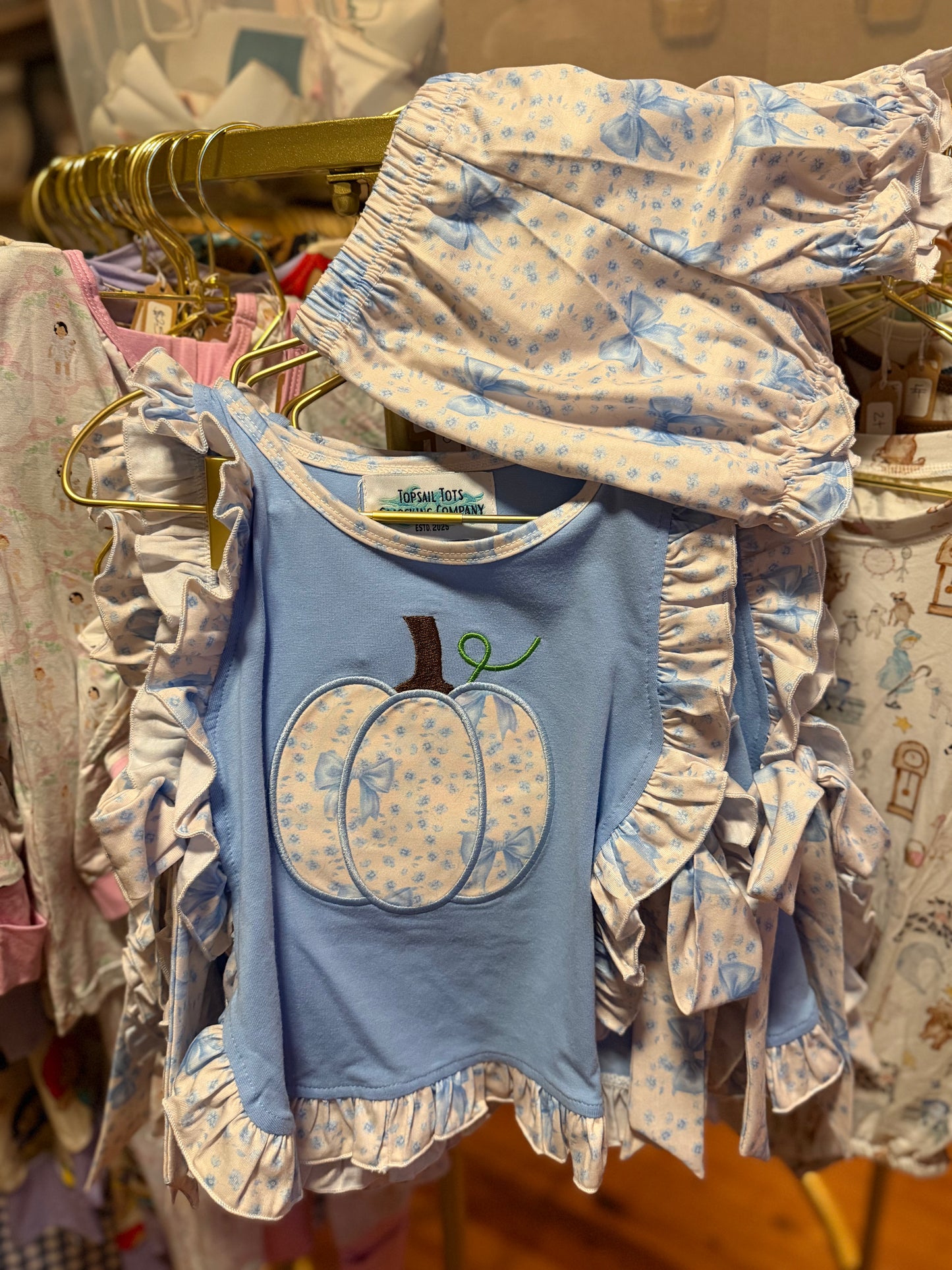 Girls Tie Side Short Set Pumpkin Toile