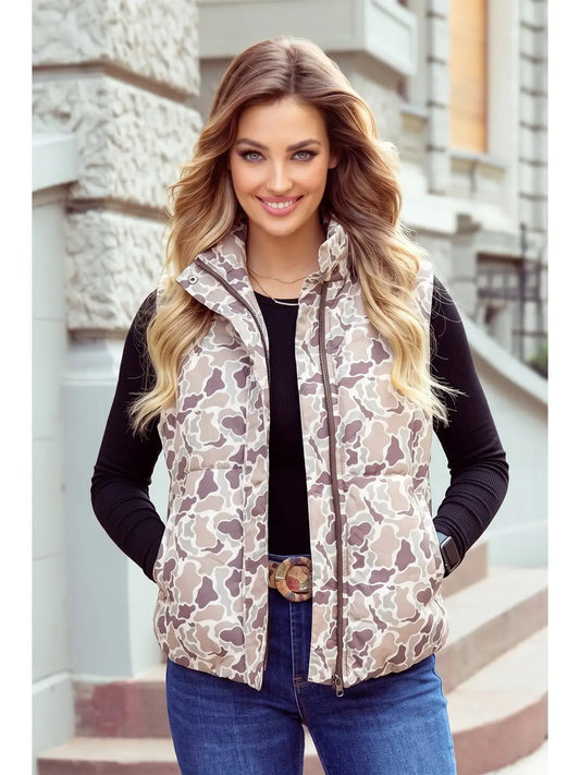 Camouflage Puffer Zip-Up Stand Neck Sleeveless Vest - Preorder