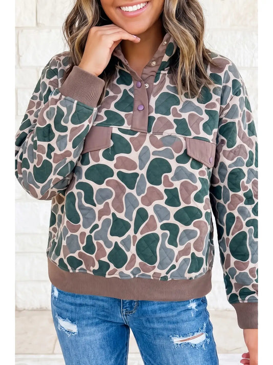 Camouflage Quilt Fabric Oversized Collared Top - Preorder